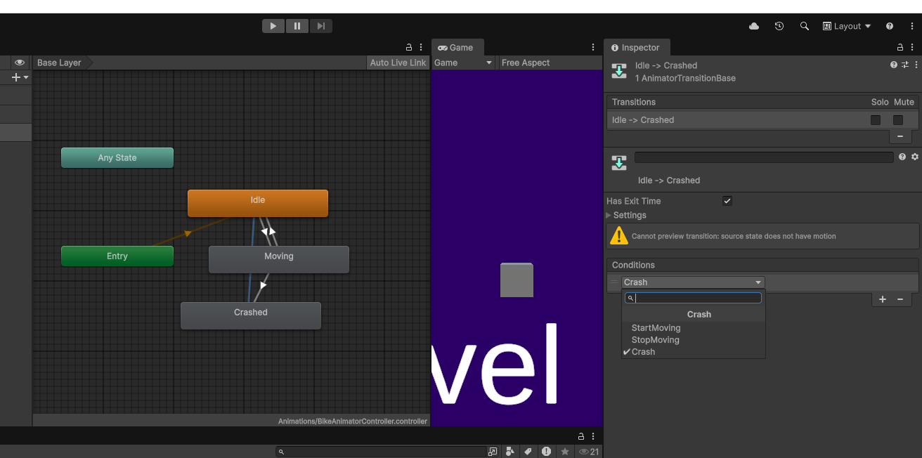 Animator with transitions and conditions