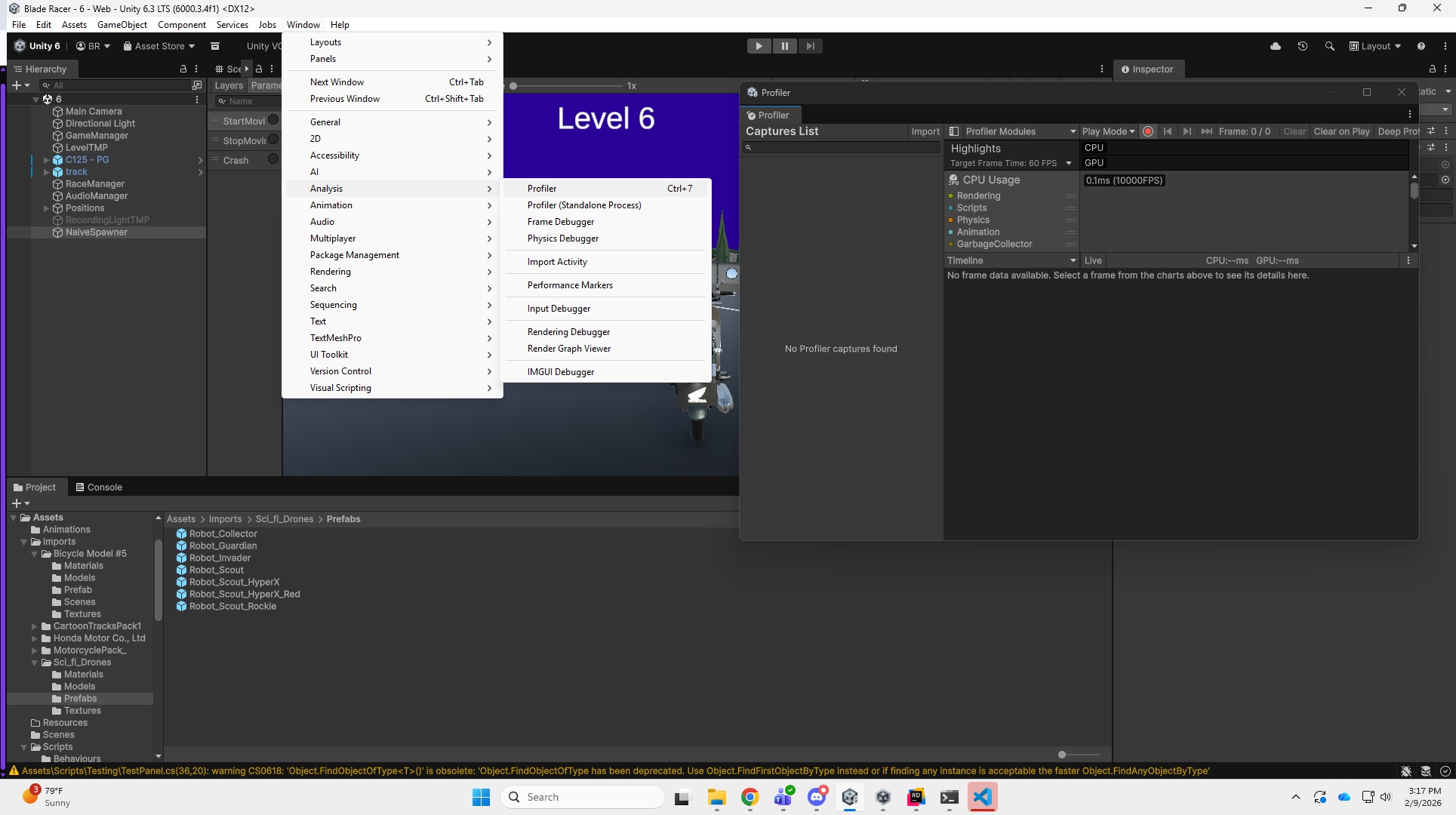 Unity Profiler - Window > Analysis > Profiler showing CPU Usage module