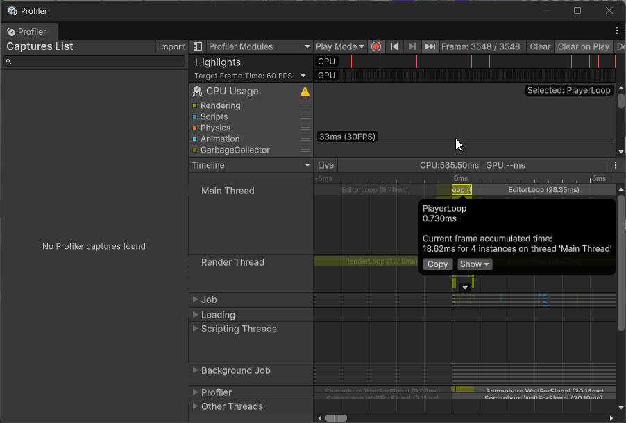 Scene B Profiler - smooth, consistent frame times with Object Pooling