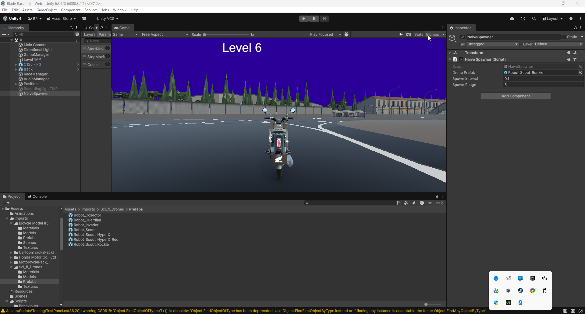 Scene A setup - NaiveSpawner in hierarchy with Inspector showing prefab and interval