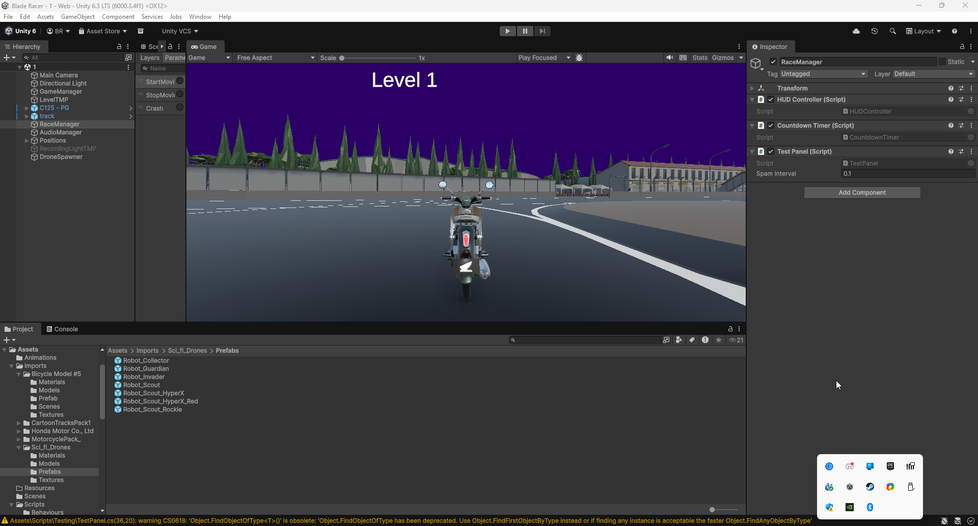 Scene B setup - DroneSpawner and TestPanel in hierarchy with Inspector